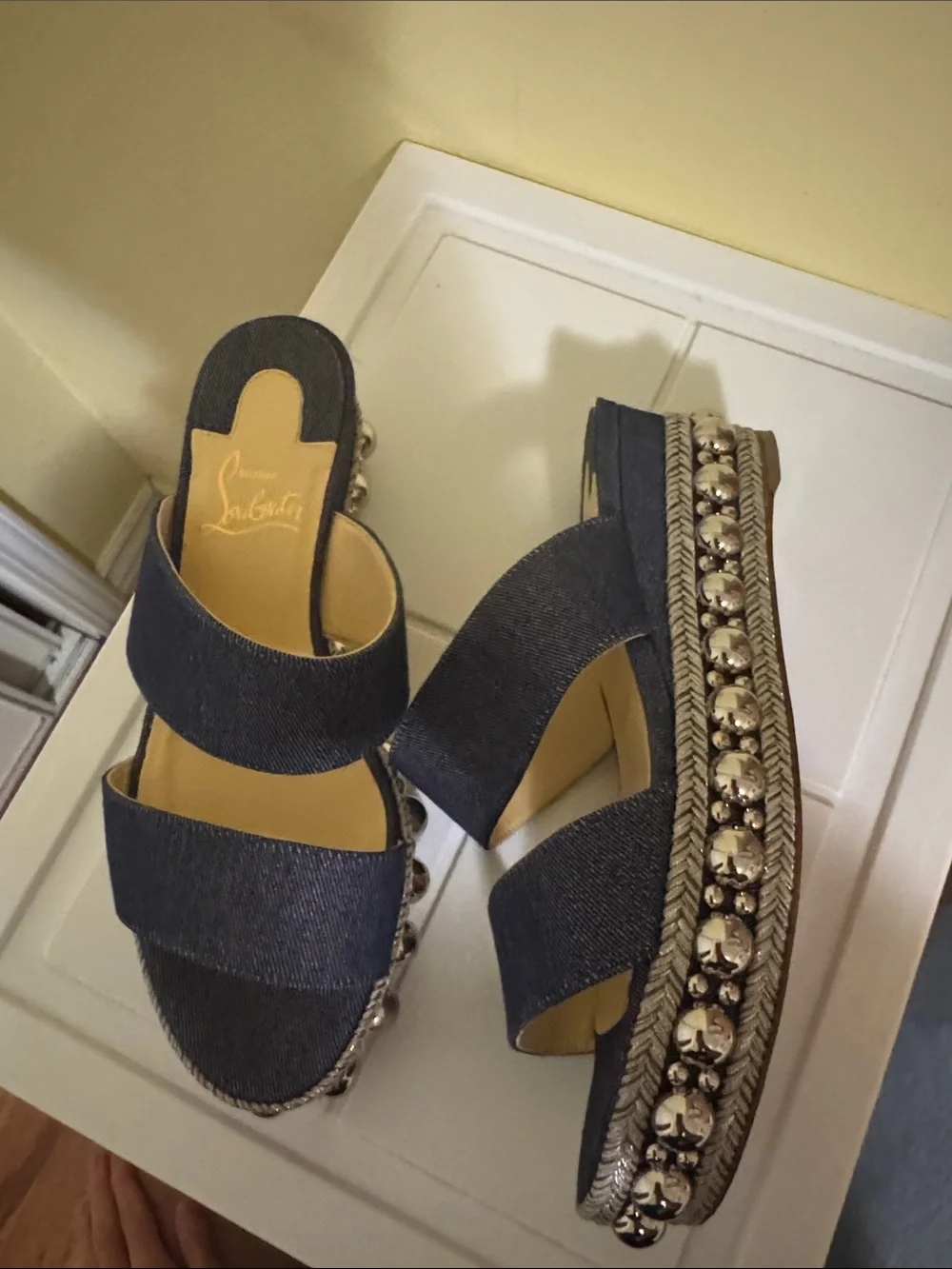 Christian Louboutin Denim Double-Strap Espadrille Sandals with Silver Studs